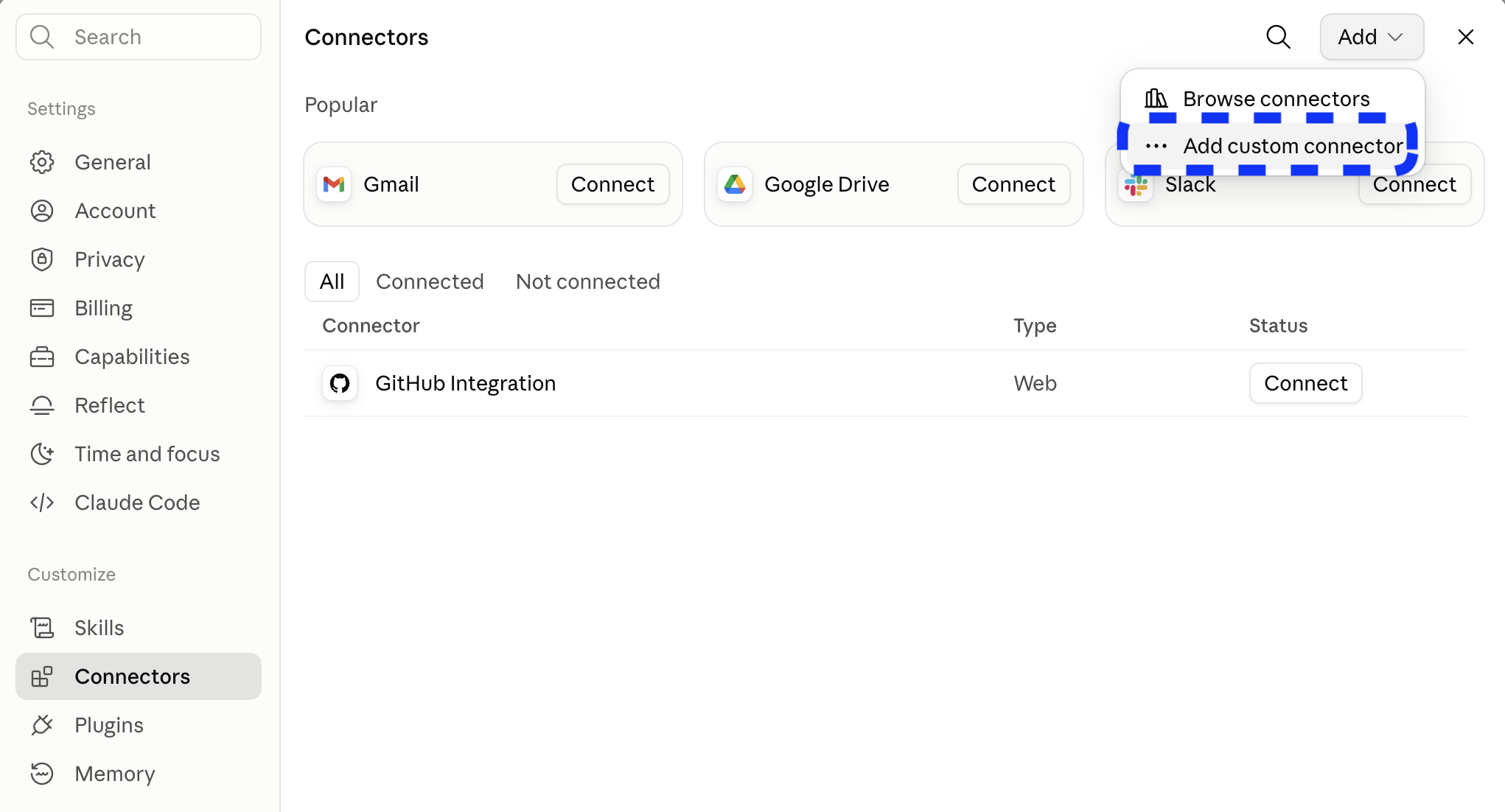 Claude setup: Add custom connector in the Add menu