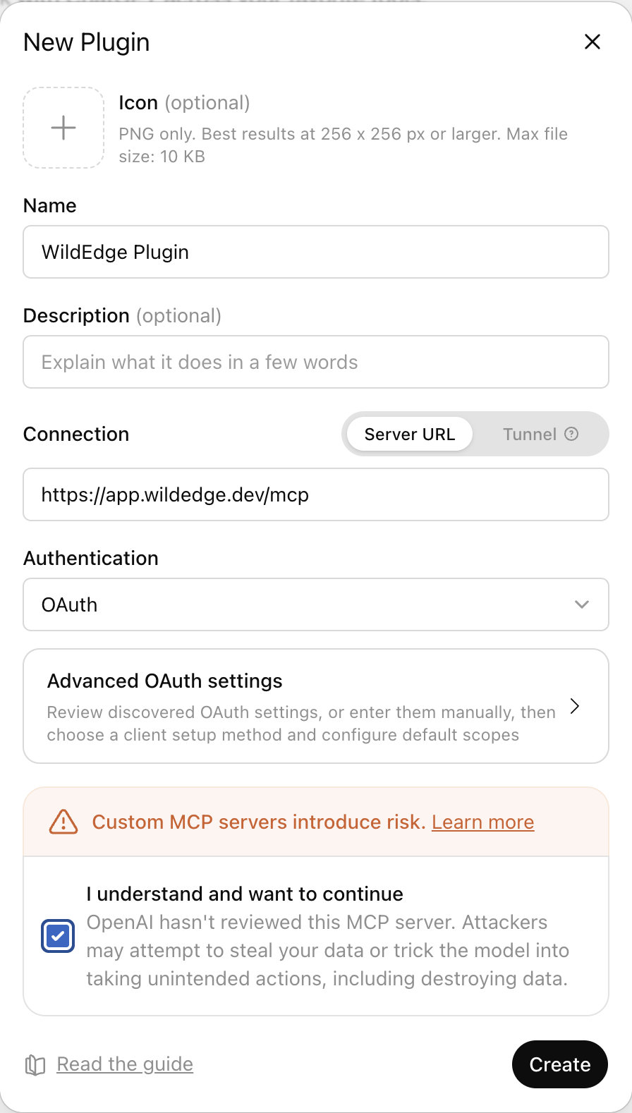 ChatGPT setup: New Plugin form with the WildEdge MCP URL and OAuth selected