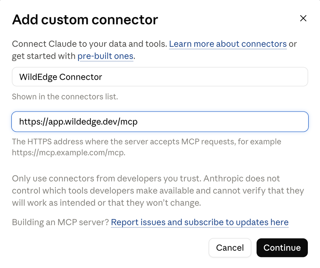 Claude setup: custom connector form with the WildEdge MCP URL