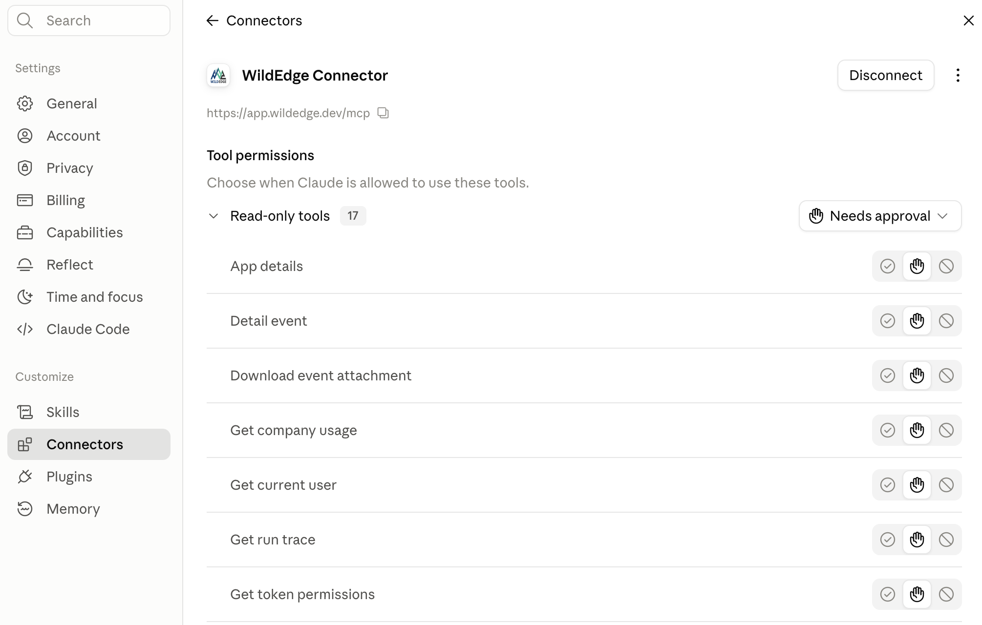 Claude setup: granular permissions for individual WildEdge MCP tools