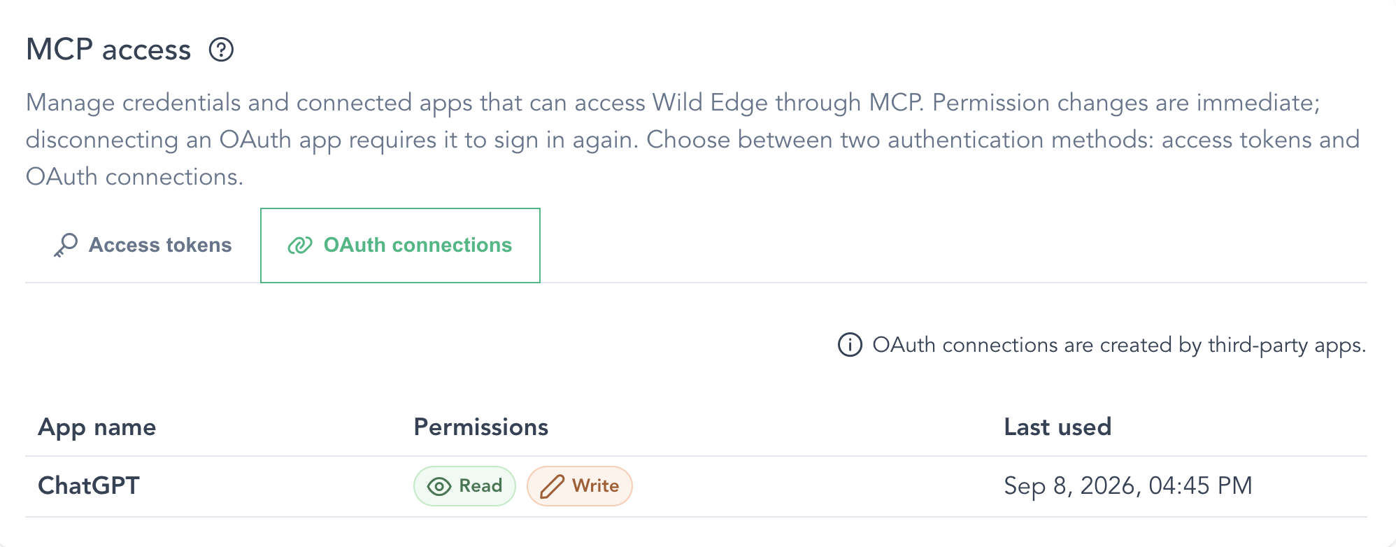 WildEdge MCP access page with the OAuth connections tab selected